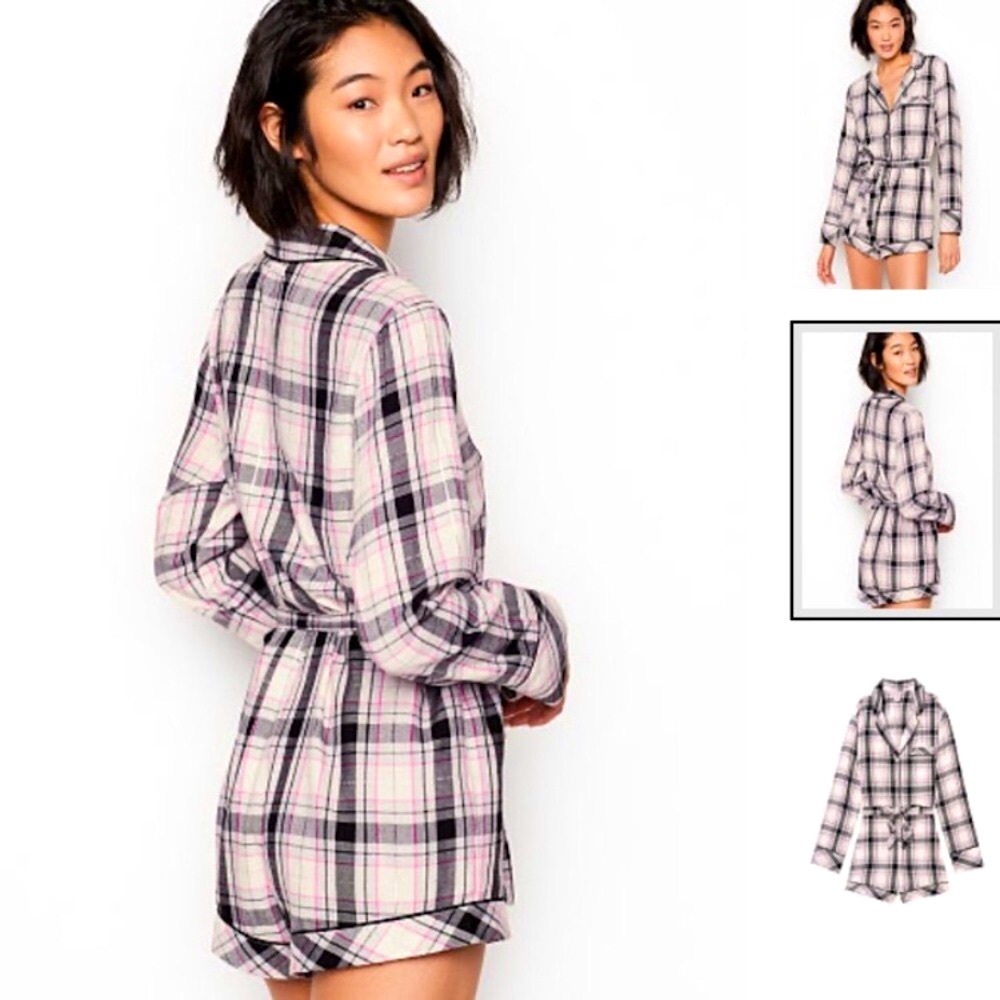 NWOT Victoria’s Secret Flannel Tie Sleep Romper, M